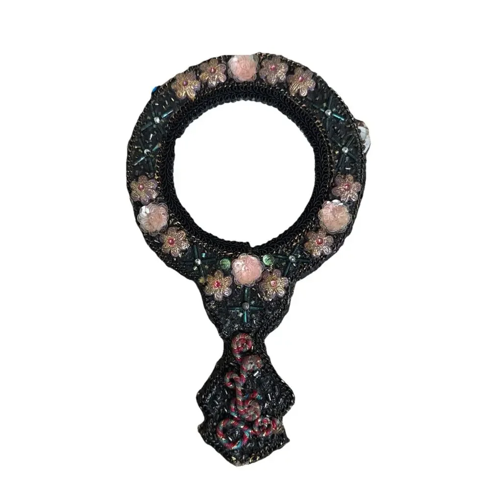Vintage Beaded hand mirror with fairy mushroom and floral patterns